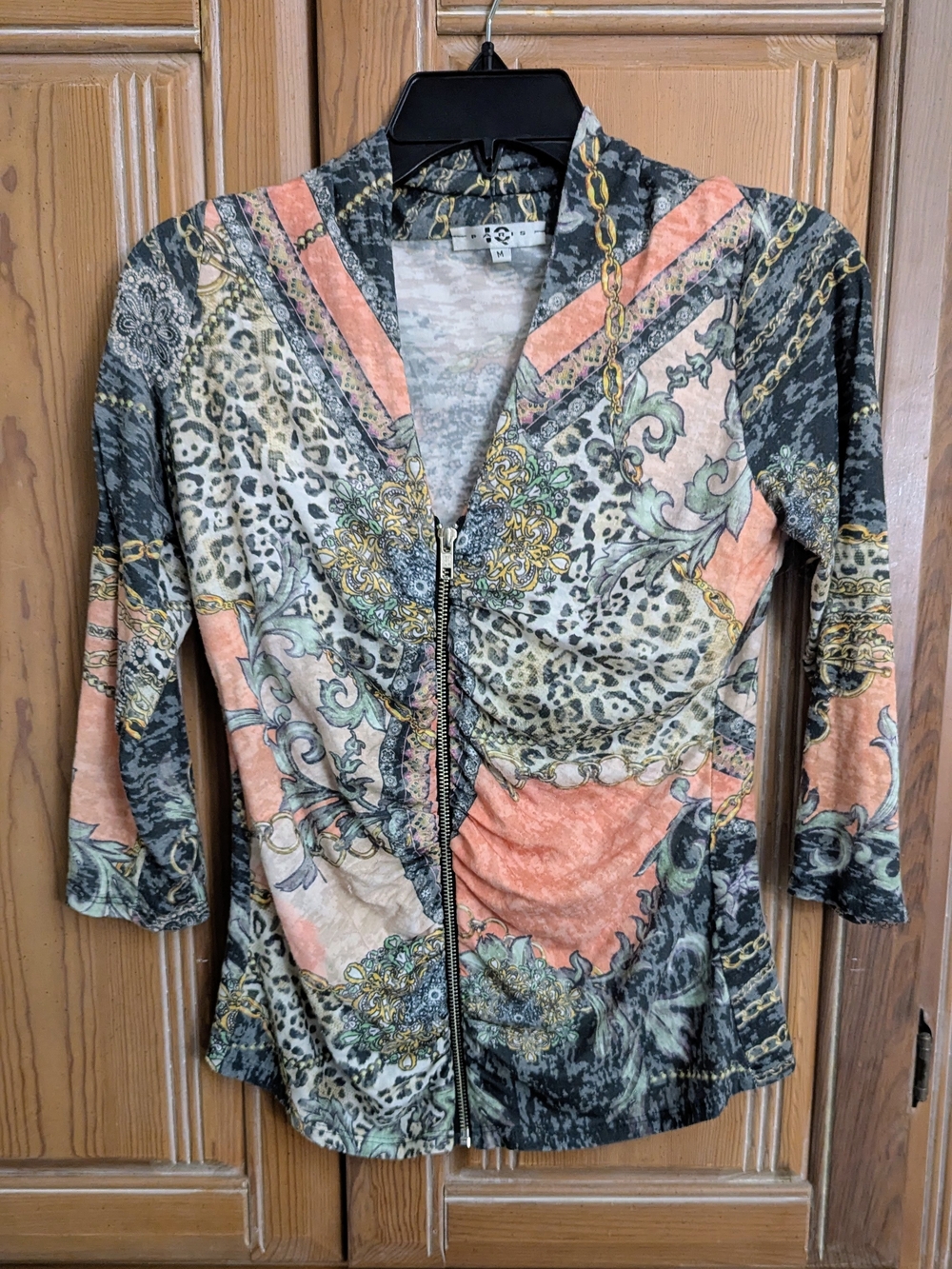 Boho-Print Zip Front Women’s Top - Peach & Black